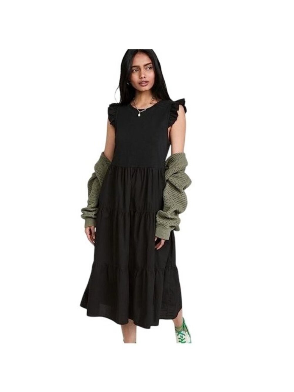 Nation LTD Sissy Tiered Ruffle Sleeve Midi Dress Jet Black Size L Minimalist - Picture 2 of 9